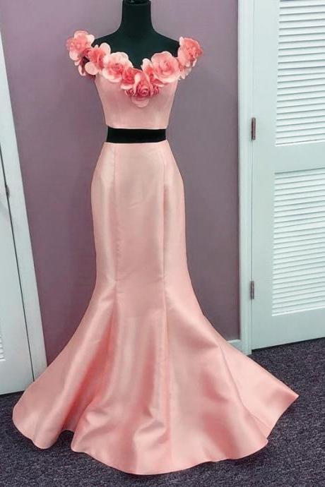 Off-the-shoulder Floral Two-piece Satin Mermaid Long Prom Dress, Evening Dress