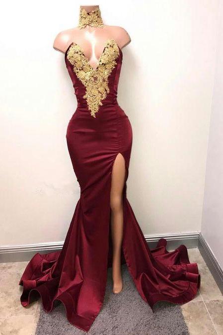Illusion V Neck High Collar Dark Red Formal Occasion Prom Dress With Side Slit