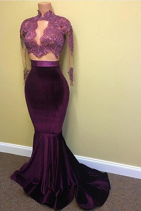 Velvet 2 Piece Prom Dress With Long Sleeves