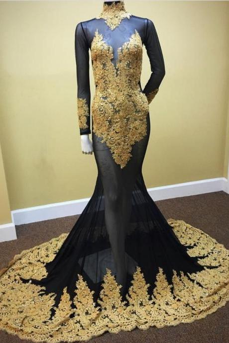 Long Sleeves Black Mermaid Prom Dress with Gold Appliques 