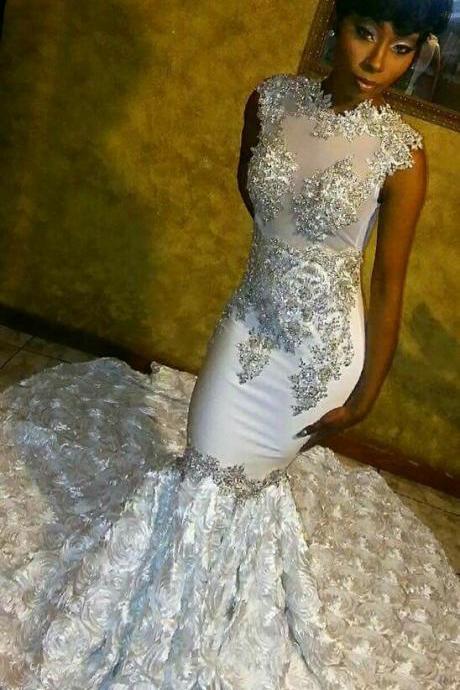 Sheer Neckline Mermaid Prom Dress With Appliques 3d Floral Train
