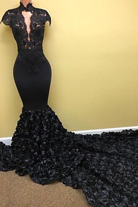 Black Mermaid Prom Dress With 3d Floral Train