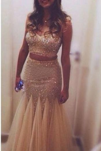 Champagne Beaded 2 Pieces Prom Dress With Tulle Skirt