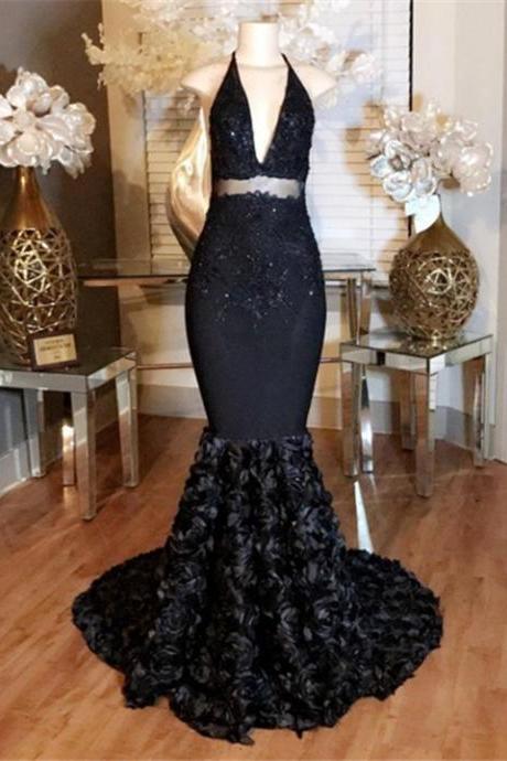 Halter Black Mermaid Prom Dress With 3d Floral Skirt