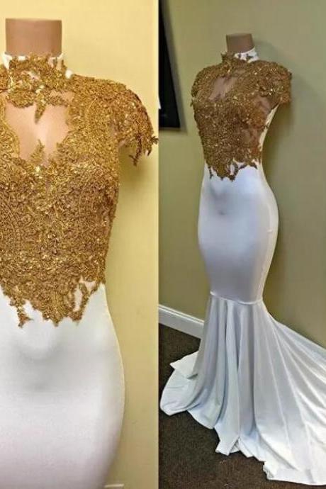 High Collar Mermaid Prom Dress With Gold Appliques