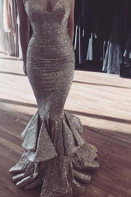 Sleeveless Silver Sequin Mermaid Prom Dress With Split