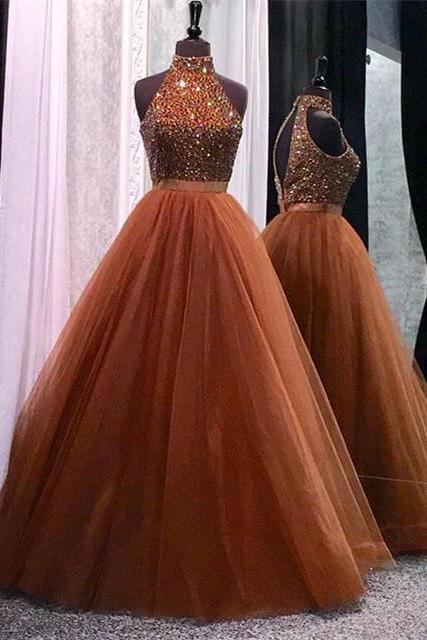 High Collar Beaded Prom Dres With Keyhole Back