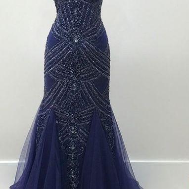 Navy Blue Cap-sleeved Beaded Mermaid Long Prom Dress, Evening Dress on ...