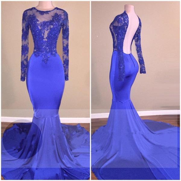 Long Sleeved Royal Blue Prom Dress With Open Back on Luulla