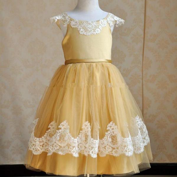 Cap Sleeves Gold Flower Girl Dress With Ivory Lace Trim on Luulla