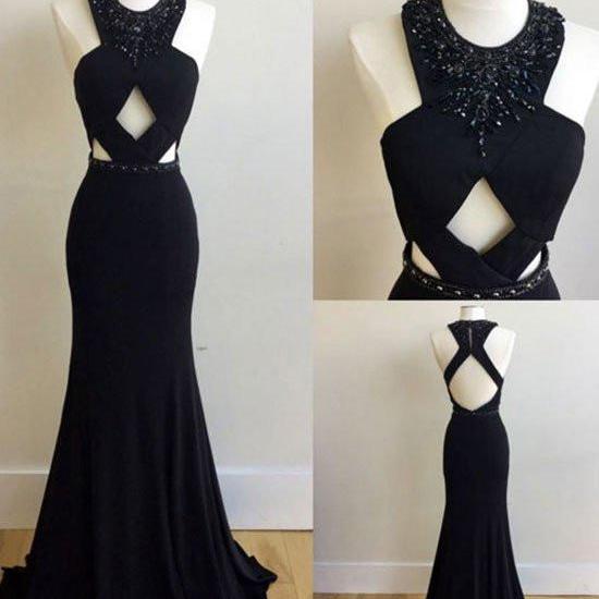 Jewel Neck Long Black Prom Dress With Beads on Luulla