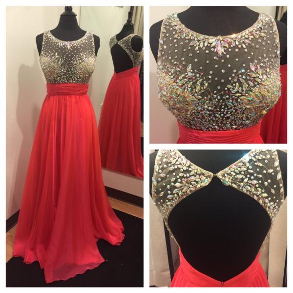 Beaded Sheer Bodice Long Chiffon Prom Dress With Open Back on Luulla