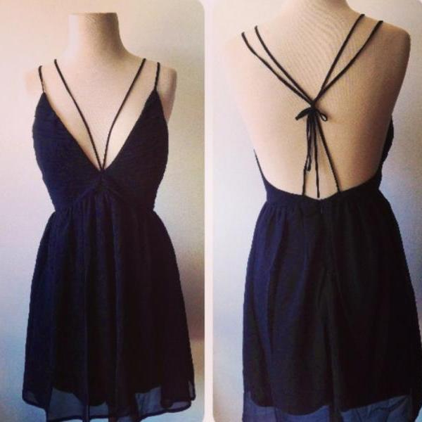 Spaghetti Strap Fitted Lacing Back Dress Dark Navy main image 1