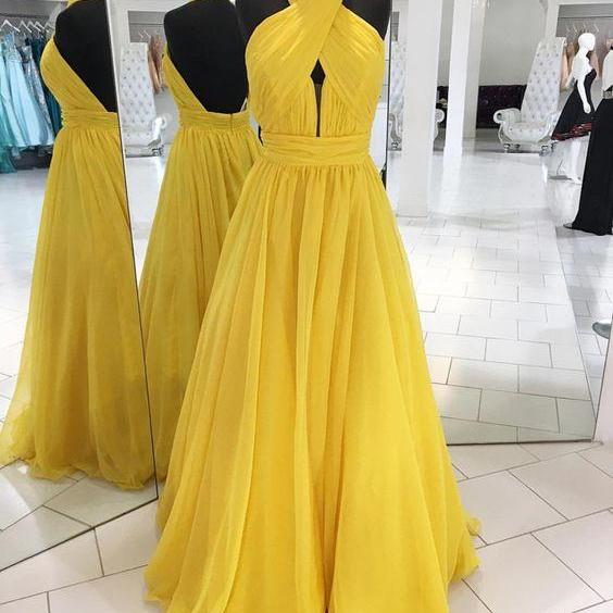 Halter Yellow Prom Dress With Keyhole Front on Luulla