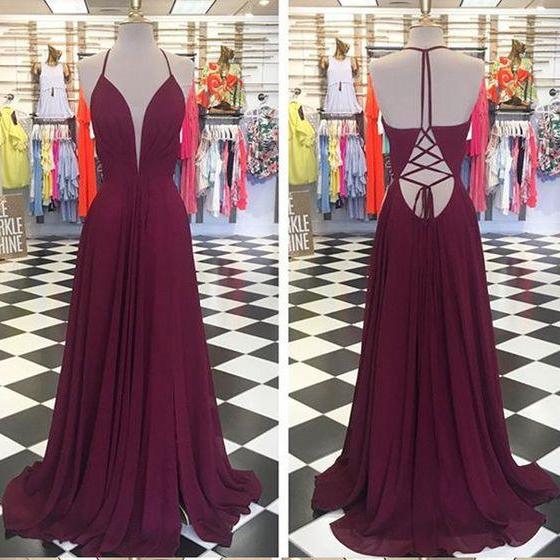 Plunging Neck Long Maroon Prom Dress on Luulla