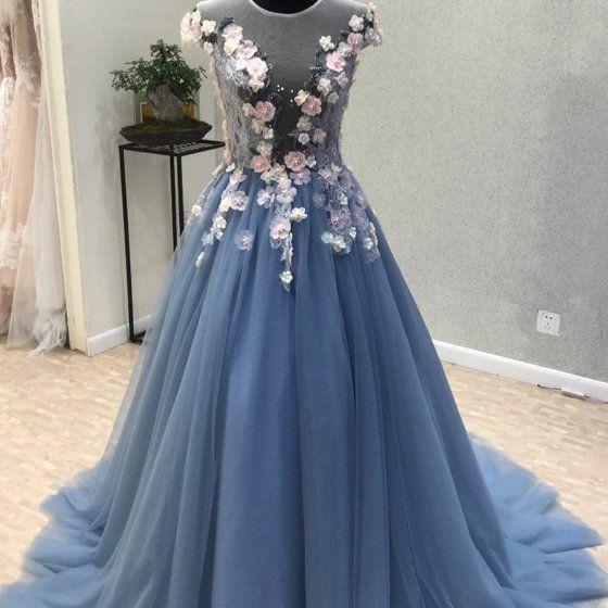 Sheer Neck Prom Dress With 3d Lace Flowers on Luulla