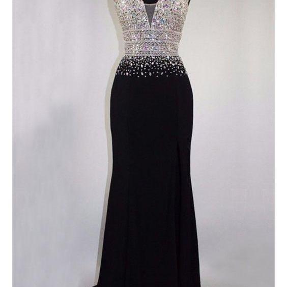 V Neck Black Prom Dress With Crystals Beads on Luulla