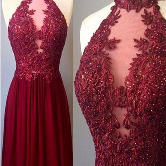 High Neck Burgundy Prom Dress With Lace Detailing on Luulla