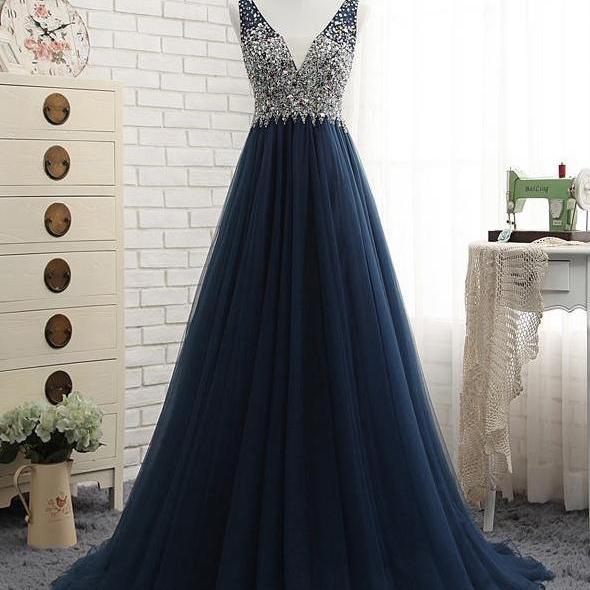 A-line V Neck Sparkle Navy Blue Long Prom Dress With Open V Back on Luulla