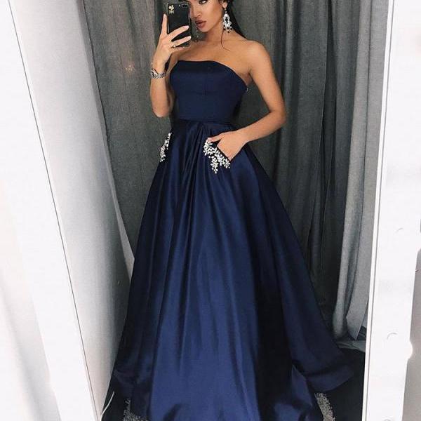Strapless Navy Prom Dress with Pockets