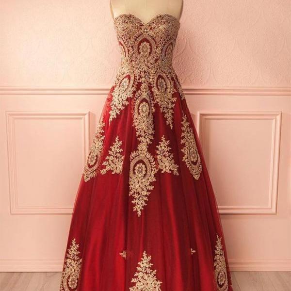 Sleeveless Red Prom Dress With Gold Appliques on Luulla