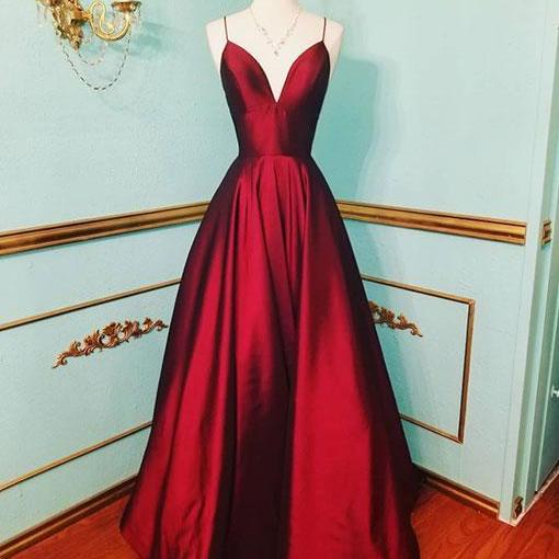 Burgundy V Neck Satin Long Prom Dress, Evening Dress on Luulla