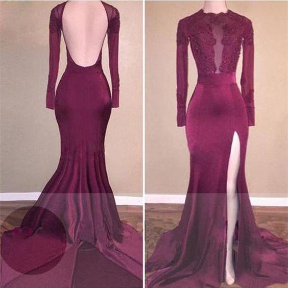 Backless Long Sleeves Prom Dress With Slit on Luulla