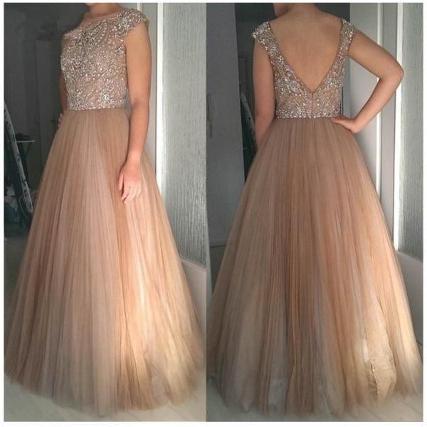 Charming Cap Sleeves Long Prom Dresses Beaded, New Party Dresses