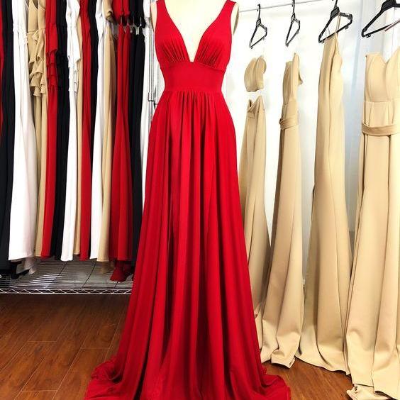 A-line Red Layers Plunging V Neck Long Prom Dress
