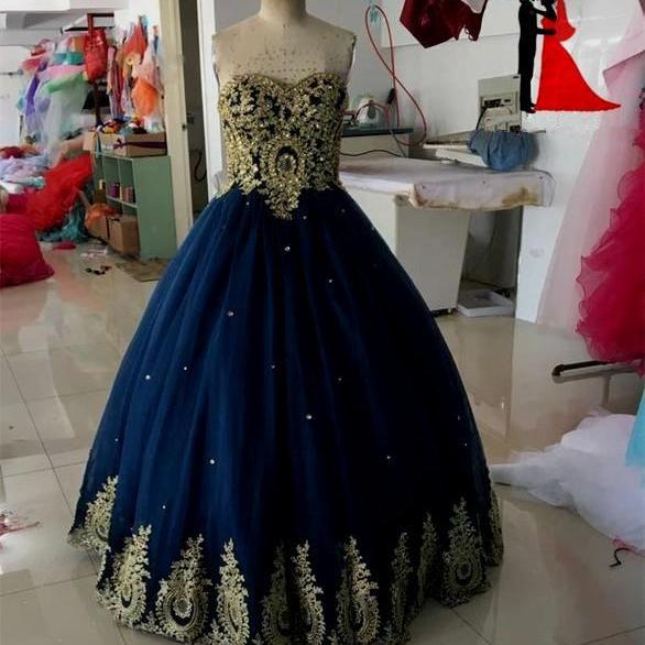 Navy Blue Ball Gown Leaf Appliques Beading Prom Dress main image 0