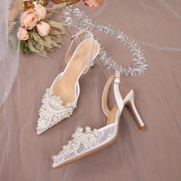Pearls Decor Slingback Women Wedding Shoes Heels