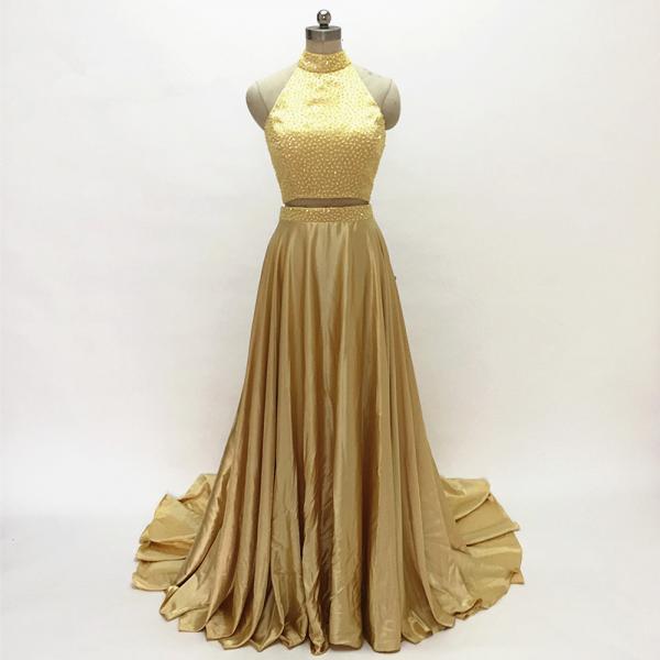 Gold Two Pieces Prom Dress with Rhonestoned Top