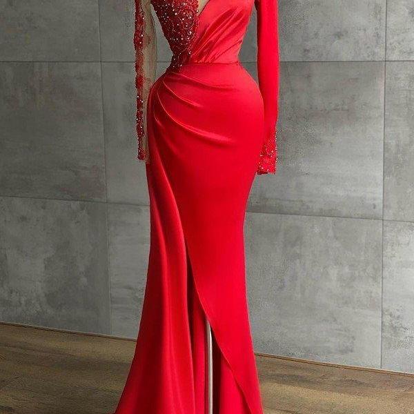 Sheer Round Neck Red Evening Dress Long Sleeves Pageant Gown