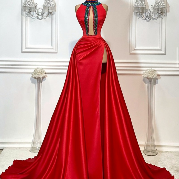 High Neck Red Pageant Dresses Long Evening Gowns