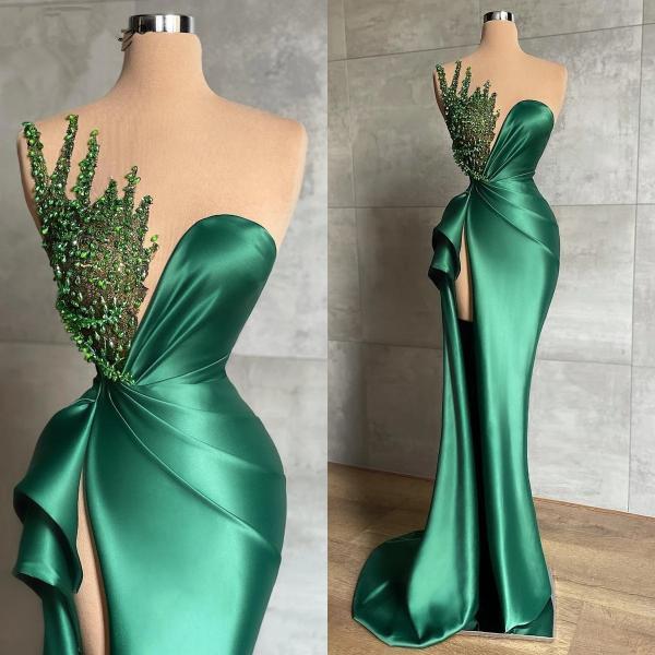 Sheer Neck Green Pageant Dresses Long Evening Gowns with Slit