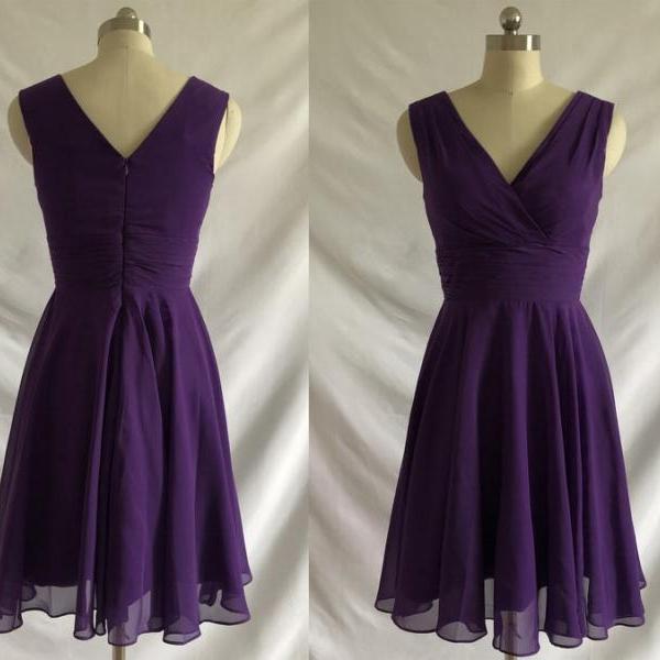Dark Purple Surplice Knee Length Short Party Dress