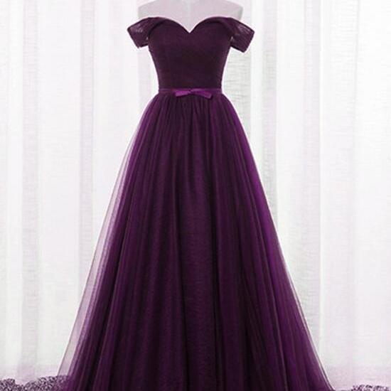 Off the Shoulder Dark Purple Long Tulle Evening Gown Lace up Back Formal Dress 