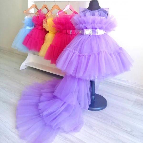 Lavender Tulle Girl Special Occasion Dress with Long Train