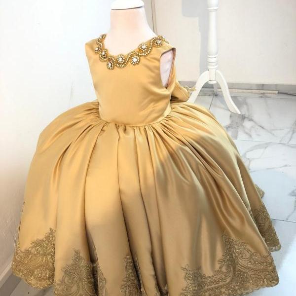 Gold Formal Flower Girl Dess for Special Occasion Bridesmaid Pageant Photoshoot Christmas