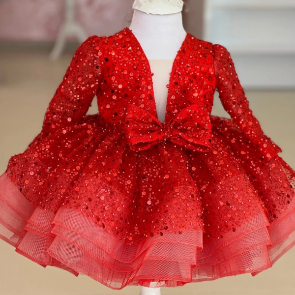 Long Sleeves Sequin Girl Ball Gown Formal Dress