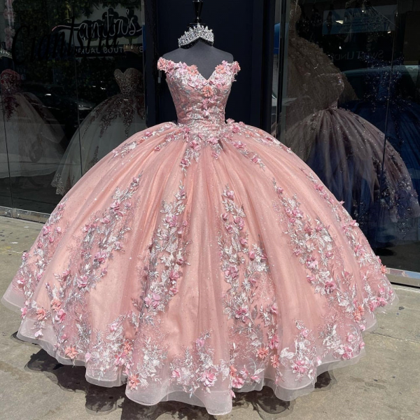 Off Shoulder 3D Appliques Ball Gown Quinceanera Dress for 15 Birthday Party