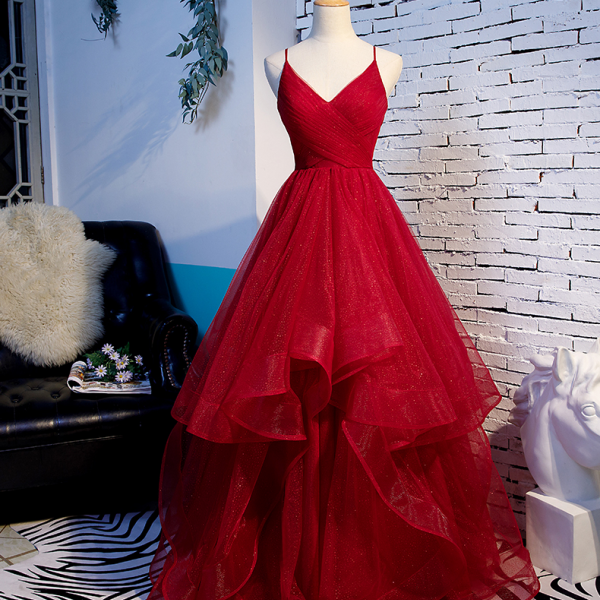 V Neck Glitter Tulle Prom Dress with Horsehair Trimed Skirt Women Formal Occasion Dress