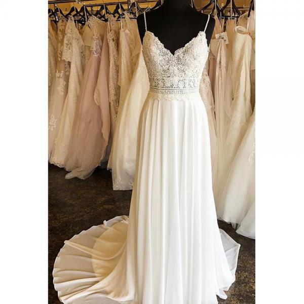 Ivory A Line V Neck Chiffon Appliques Wedding Dress with Slit LBQW0125 main image 0