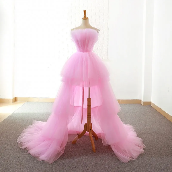 Spaghetti Straps Baby Pink Tulle High Low Pageant Dress