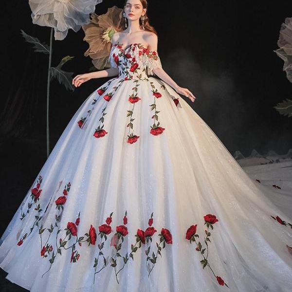 Off Shoulder Princess Pageant Dress with Floral Appliques