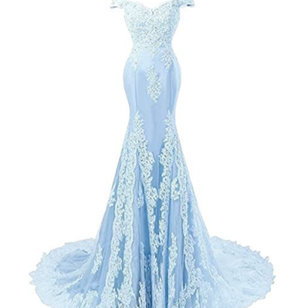 Off Shoulder A Line Split Sky Blue Satin Wedding Party Evening Prom Dress
