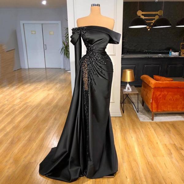 One Shoulder Black Pageant Dress with Beads