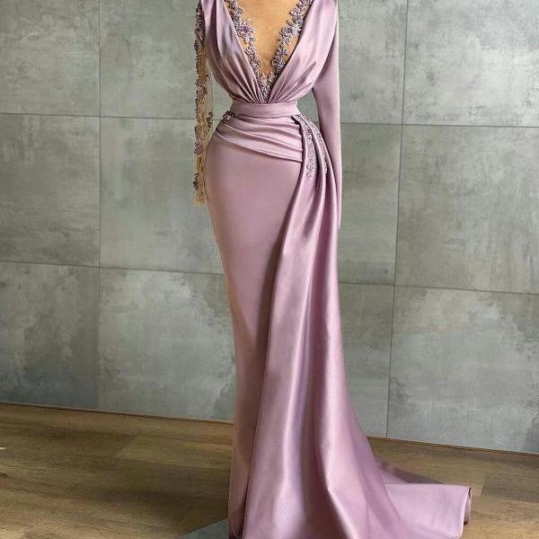 Long Sleeves Pageant Dress with Beads Evening Gown