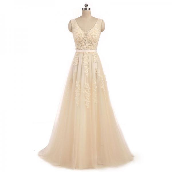 V Neck Champagne Long Pageant Dress Evening Gown