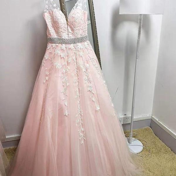 Plunging Neck Designer Light Pink Long Prom Dress